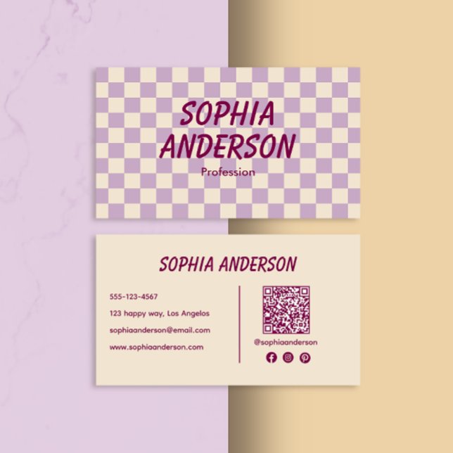 Elegant Cream and Purple Chequered - Qr Code Business Card (Creator Uploaded)
