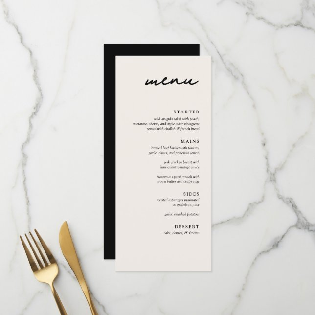 Elegant Cream & Black Modern Wedding Dinner Menu (Front/Back In Situ)