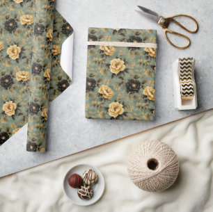 Elegant Cream & Black Roses on Sage Green & Gold Wrapping Paper