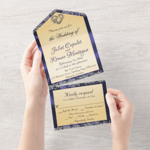Elegant Cream, Blue Ribbon & Sparkle All In One Invitation