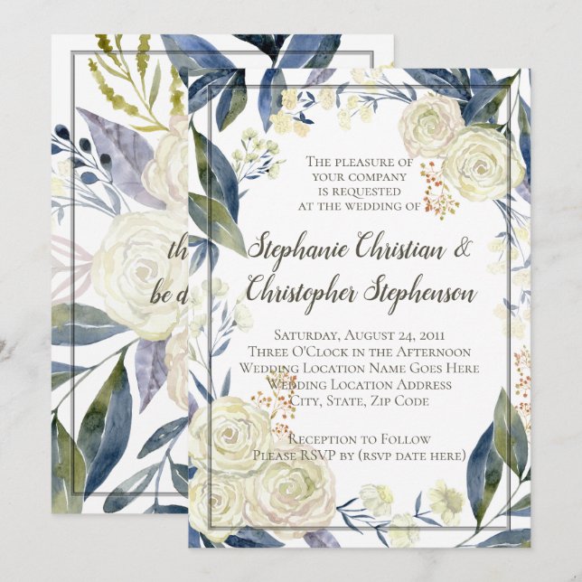 Elegant Cream Blue Watercolor Flower Wedding Invitation (Front/Back)