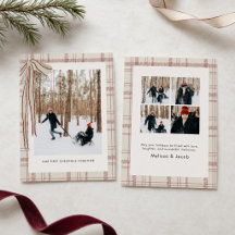 Elegant Cream Burgundy Plaid Our First Christmas