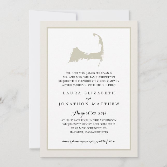 Elegant Cream Cape Cod Map Wedding Invitation (Front)