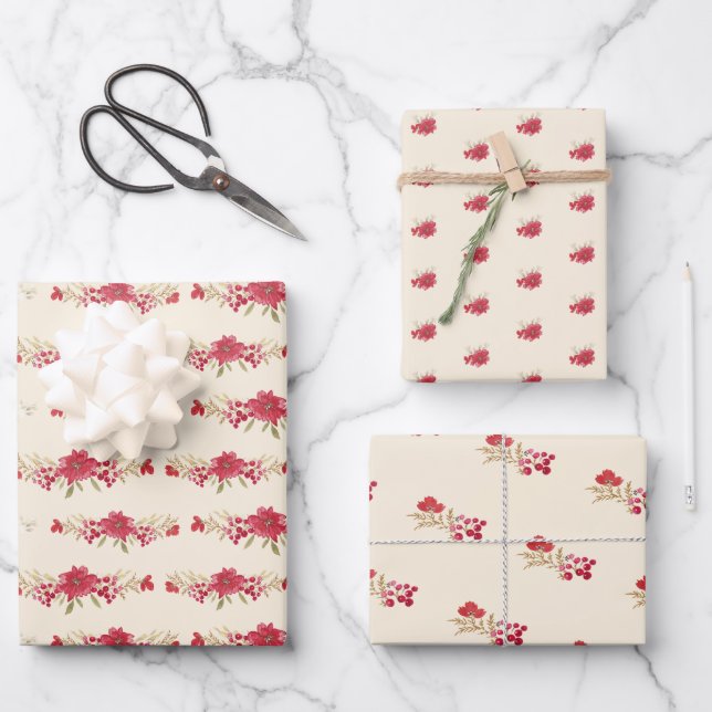 Elegant Cream Christmas Red Botanical Holiday Wrapping Paper Sheet (Front)