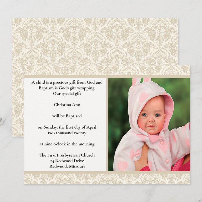 Elegant Cream Damask Design Baptism Invitation (Front/Back)