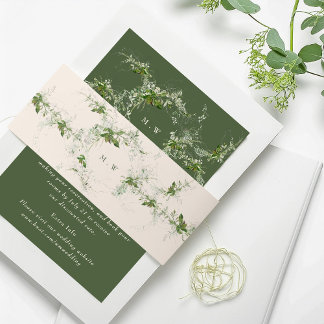 Elegant Cream Eucalyptus Wreath Monogram Wedding Invitation Belly Band