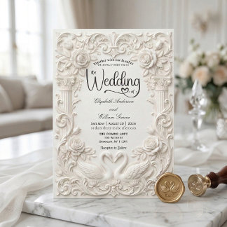 Elegant Cream Faux Sculpted Swans Wedding   Invitation