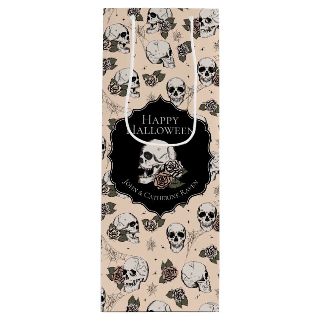 Elegant Cream Floral Skulls Halloween Wine Gift Bag (Front)