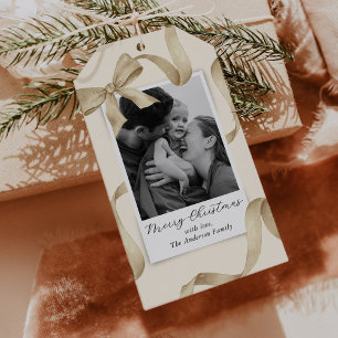 Elegant Cream Gold Bow Photo Holiday Gift Tags
