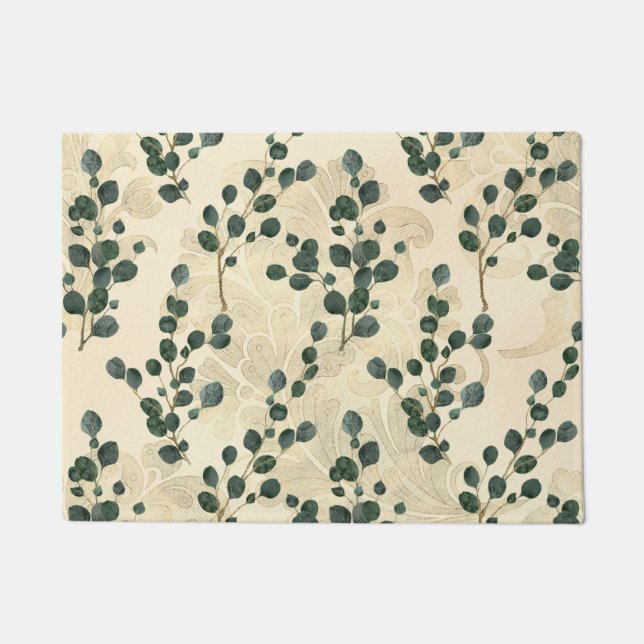 Elegant Cream Gold Whimsical Eucalyptus Greenery Doormat (Front)