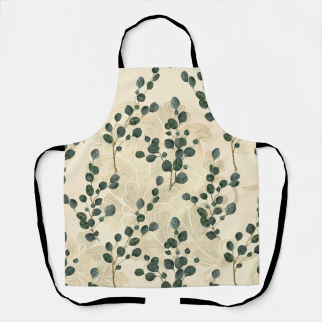 Elegant Cream Green Whimsical Eucalyptus Greenery Apron (Front)