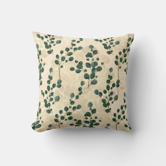 Elegant Cream Green Whimsical Eucalyptus Greenery Throw Pillow (Front)