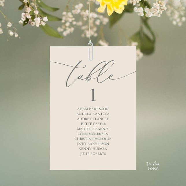 Elegant Cream Grey Wedding Table Seating Chart Number (Elegant Wedding Dinner Table Hanging Seating Chart Card, with Table Number Guest Names Cream Grey)