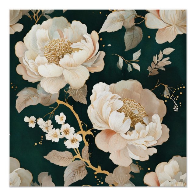 Elegant Cream Peony Floral Glossy Poster – Vintage (Front)