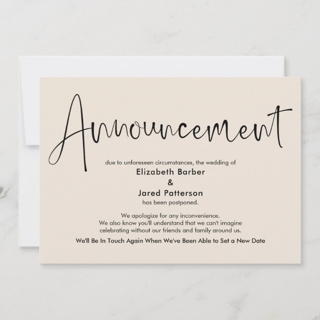 Elegant Cream Postponed Wedding Announcement Card (Front)
