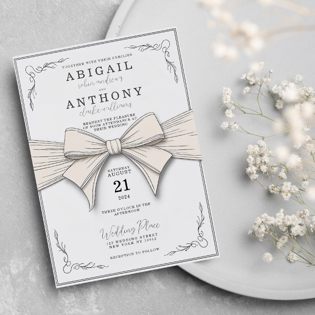 Elegant Cream Ribbon & Vintage Floral Wedding Invitation (Elegant Cream Ribbon & Vintage Floral Wedding)