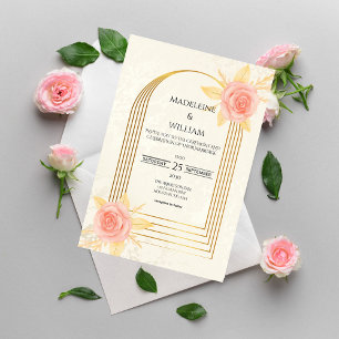Elegant Cream Roses Golden Frame Luxury Wedding Invitation
