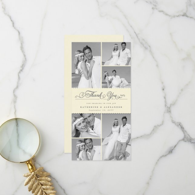 Elegant Cream Scalloped Band 6 Photo Chic Wedding Thank You Card (Front/Back In Situ)
