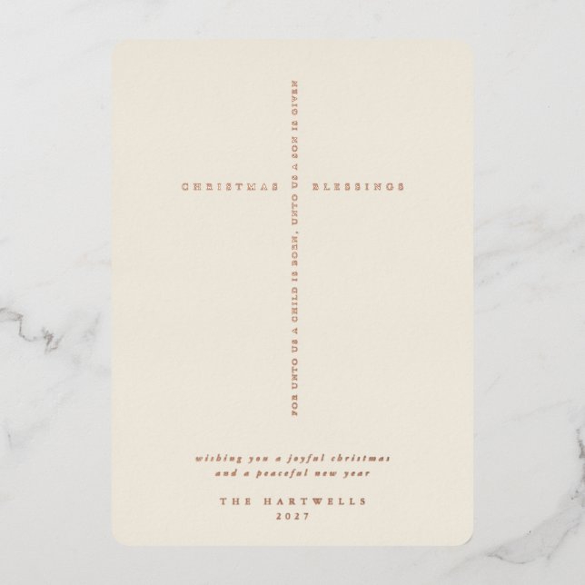 Elegant Cream Scripture Cross Foil Holiday Card (Front)