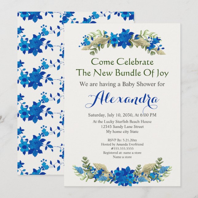 Elegant Cream Shells Blue Boy Floral Baby Shower  (Front/Back)