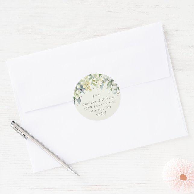 Elegant Cream Snowberry+Eucalyptus Address Classic Round Sticker (Envelope)