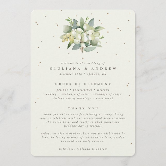 Elegant Cream Snowberry+Eucalyptus Bouquet Wedding Program (Front)