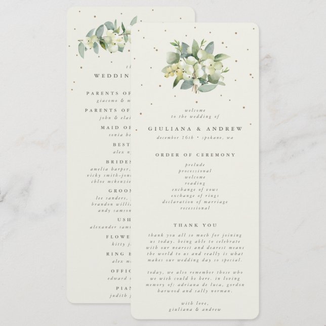 Elegant Cream Snowberry+Eucalyptus Bouquet Wedding Program (Front/Back)