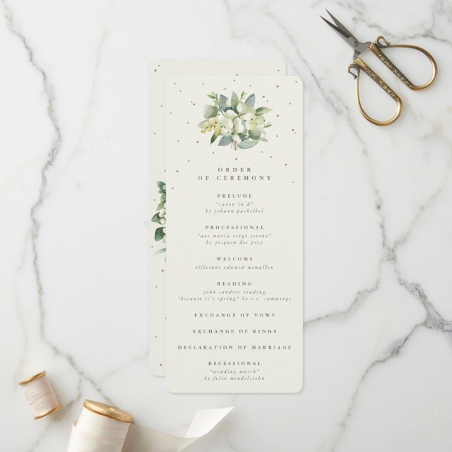 Elegant Cream Snowberry+Eucalyptus Bouquet Wedding Program (Front/Back In Situ)