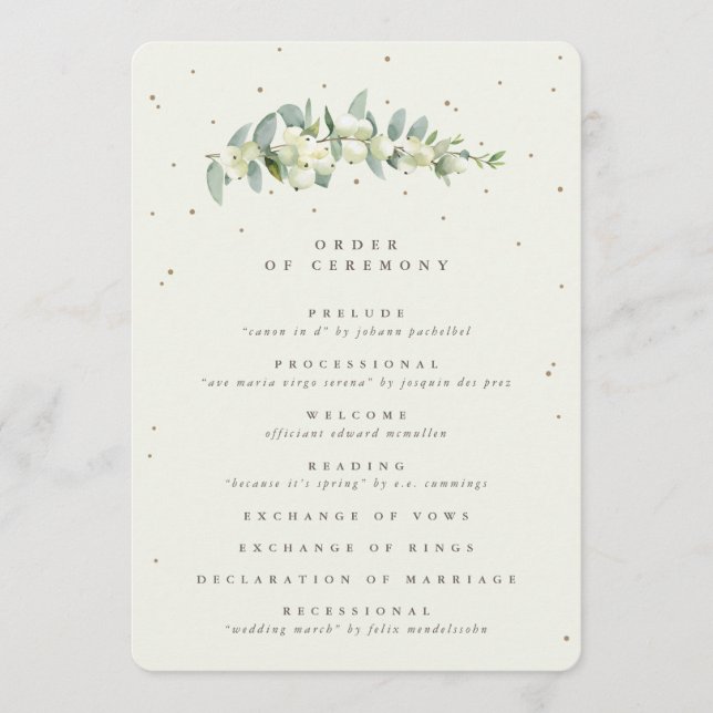 Elegant Cream Snowberry+Eucalyptus Stem Wedding Program (Front)