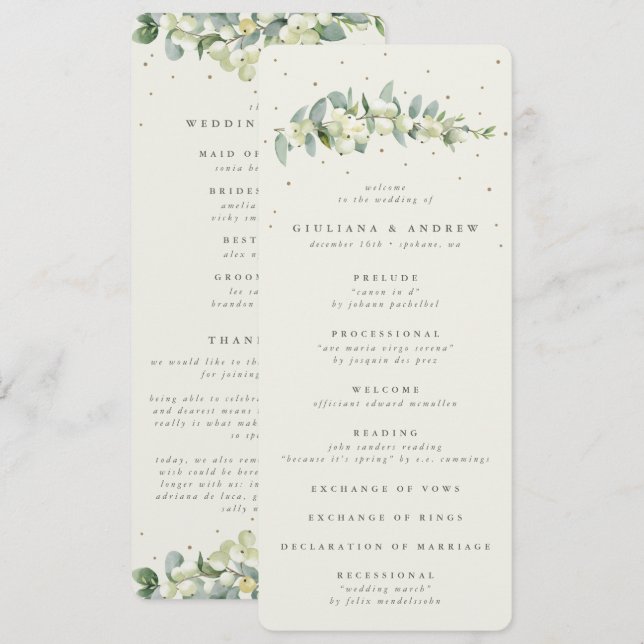 Elegant Cream Snowberry+Eucalyptus Stem Wedding Program (Front/Back)