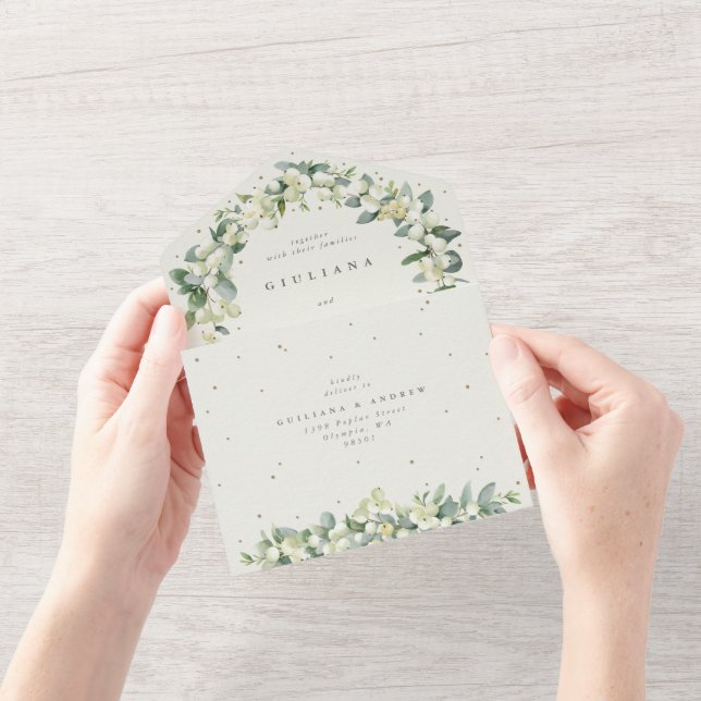 Elegant Cream Snowberry+Eucalyptus Winter Wedding All In One Invitation (Opening)