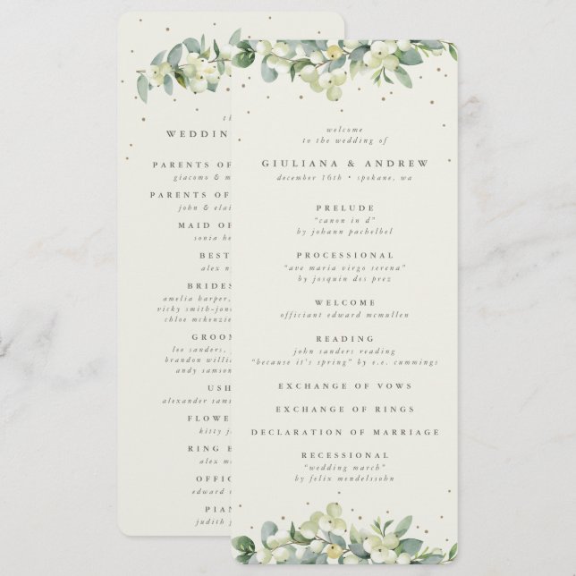 Elegant Cream Snowberry+Eucalyptus Winter Wedding Program (Front/Back)