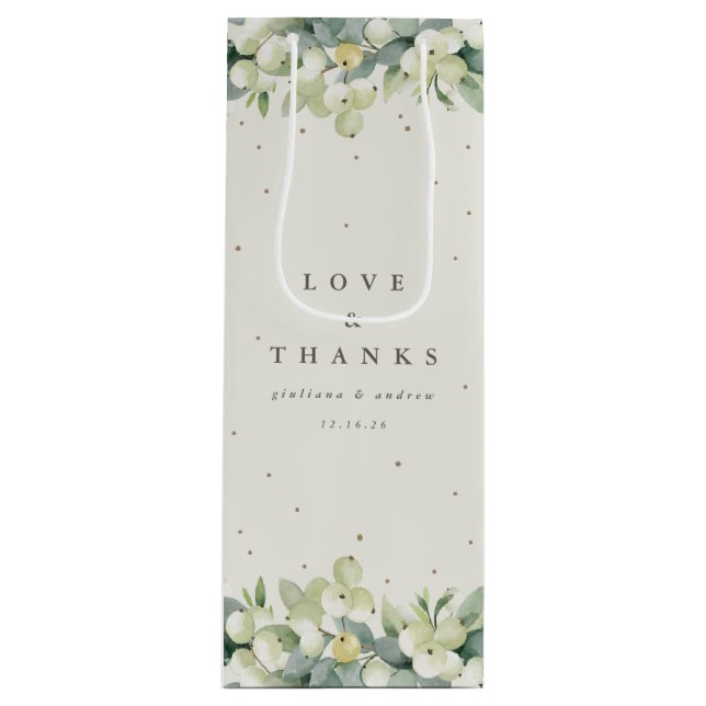 Elegant Cream Snowberry+Eucalyptus Winter Wedding Wine Gift Bag (Front)
