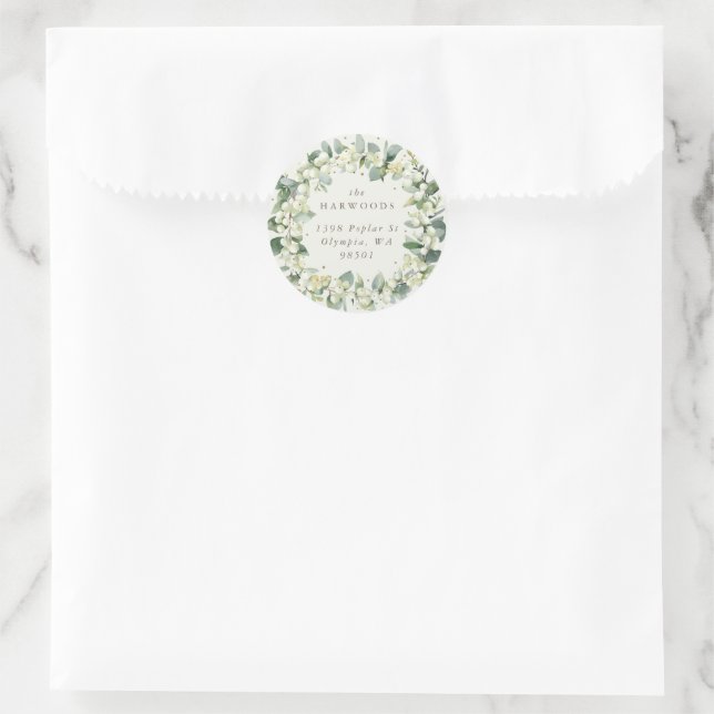 Elegant Cream Snowberry+Eucalyptus Wreath Address Classic Round Sticker (Bag)
