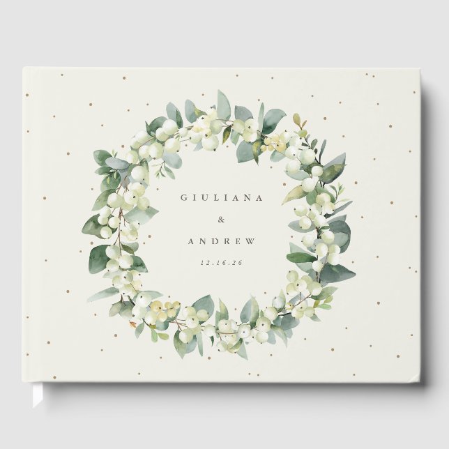 Elegant Cream Snowberry+Eucalyptus Wreath Wedding Guest Book (Front)