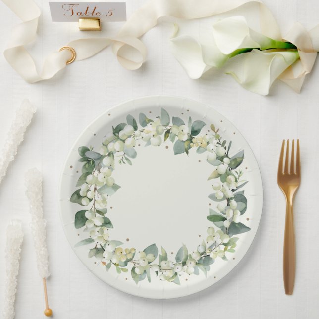 Elegant Cream Snowberry+Eucalyptus Wreath Wedding Paper Plate (Wedding)