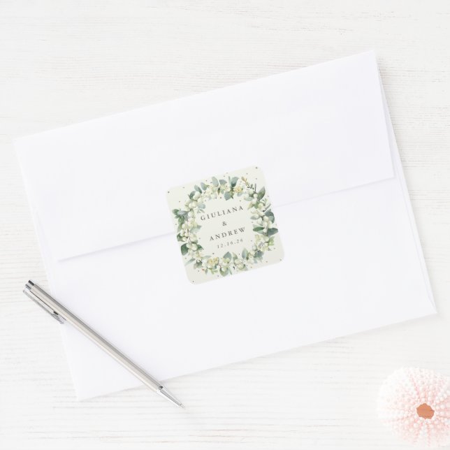 Elegant Cream Snowberry+Eucalyptus Wreath Wedding Square Sticker (Envelope)