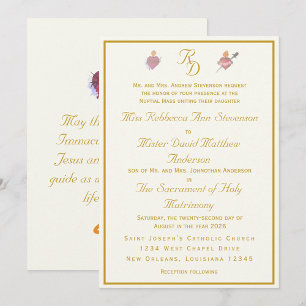 Elegant Cream Two Hearts Catholic Wedding Invitation