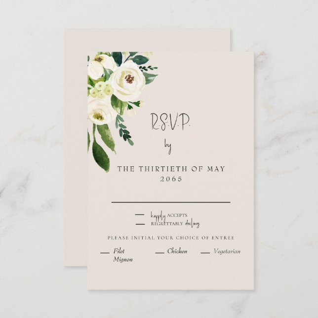 Elegant Cream White Floral Dinner Modern Font RSVP (Front/Back)