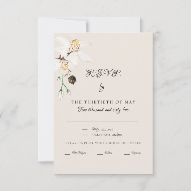Elégant Crème Blanc Floral Dîner Script RSVP (Devant)