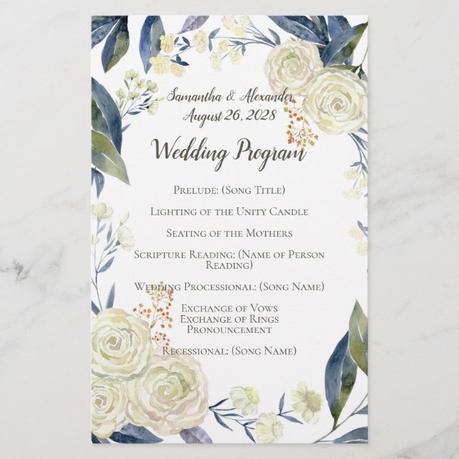 Élégant Crème bleu Aquarelle Programme de mariage (Devant)