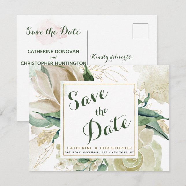 Elegant Creme Floral Save the Date Wedding Announcement Postcard (Front/Back)