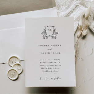 Elegant Crest and Monogram Black and White Wedding Invitation