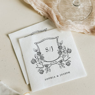 Elegant Crest and Monogram Black and White Wedding Napkin