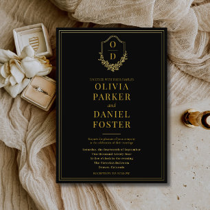Elegant Crest Black Gold Minimalist Wedding