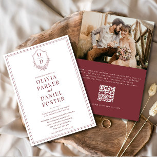 Elegant Crest Burgundy QR Code Photo Wedding Invitation