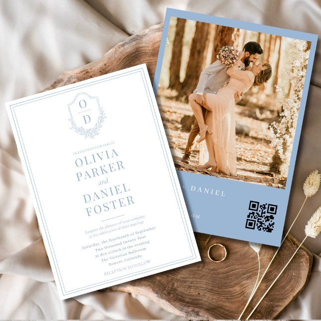 Elegant Crest Dusty Blue QR Code Photo Wedding Invitation (Creator Uploaded)