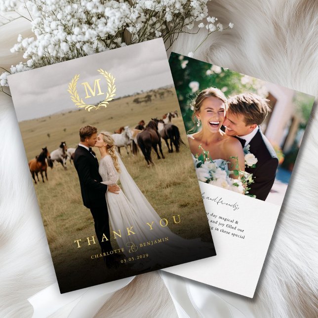 Elegant Crest Monogram 2 Photo Thank You Wedding  (Elegant Crest Monogram 2 Photo Thank You Wedding Foil Invitation)