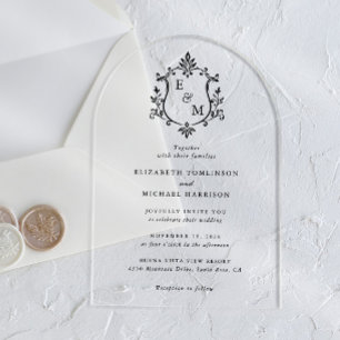 Elegant Crest Monogram Arch Wedding Acrylic Invitations