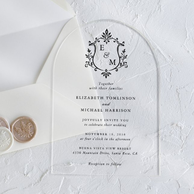 Elegant Crest Monogram Arch Wedding Acrylic Invitations (Creator Uploaded)